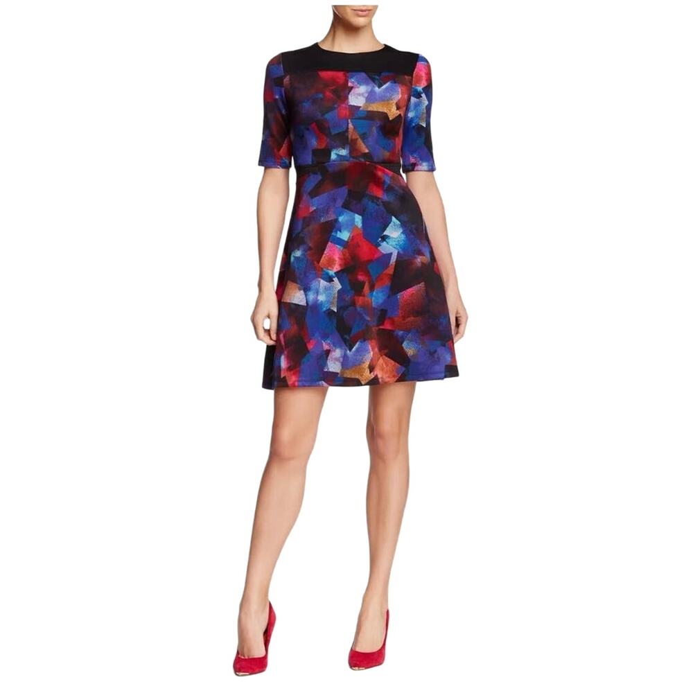Maggy London Scuba Multicolor Blue Red Abstract Crew Neck A Line Mini Dress Sz 6